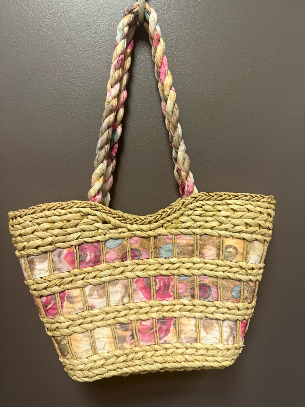 Woven Straw Tote Bag with Pink & Multicolor Accents